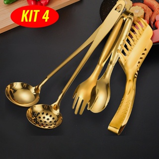 Talheres Kit 4 De Aço Inox Servindo Utensílios Pinça para pão, pinça para bife, colher de sopa Dourado Conjunto Colher em Oferta na Shopee