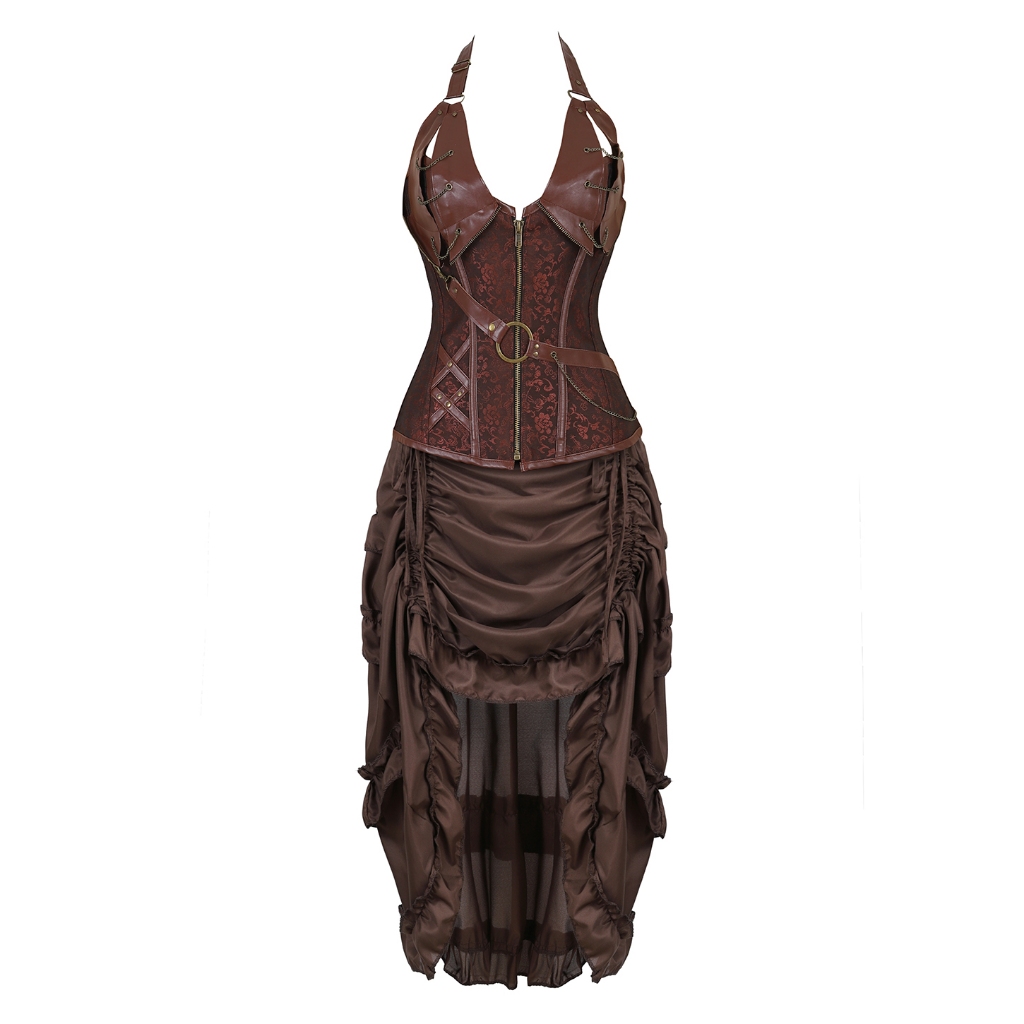 Fantasia De Pirata Para Mulheres , Vestido , Espartilho De Couro Punk Com Saia Cordão Steampunk Marrom