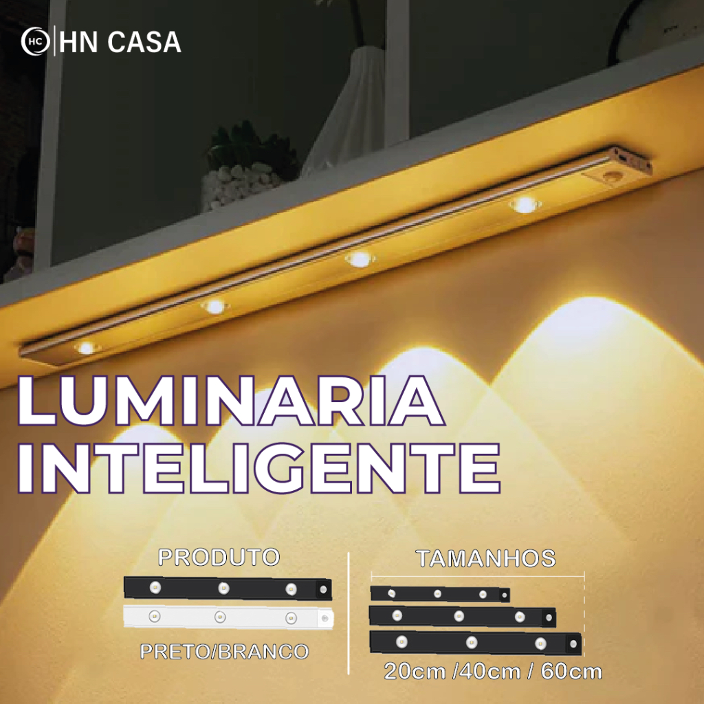 Smart Luminária LED com sensor de movimento, recarregável via USB, fina e com 3 módulos de...