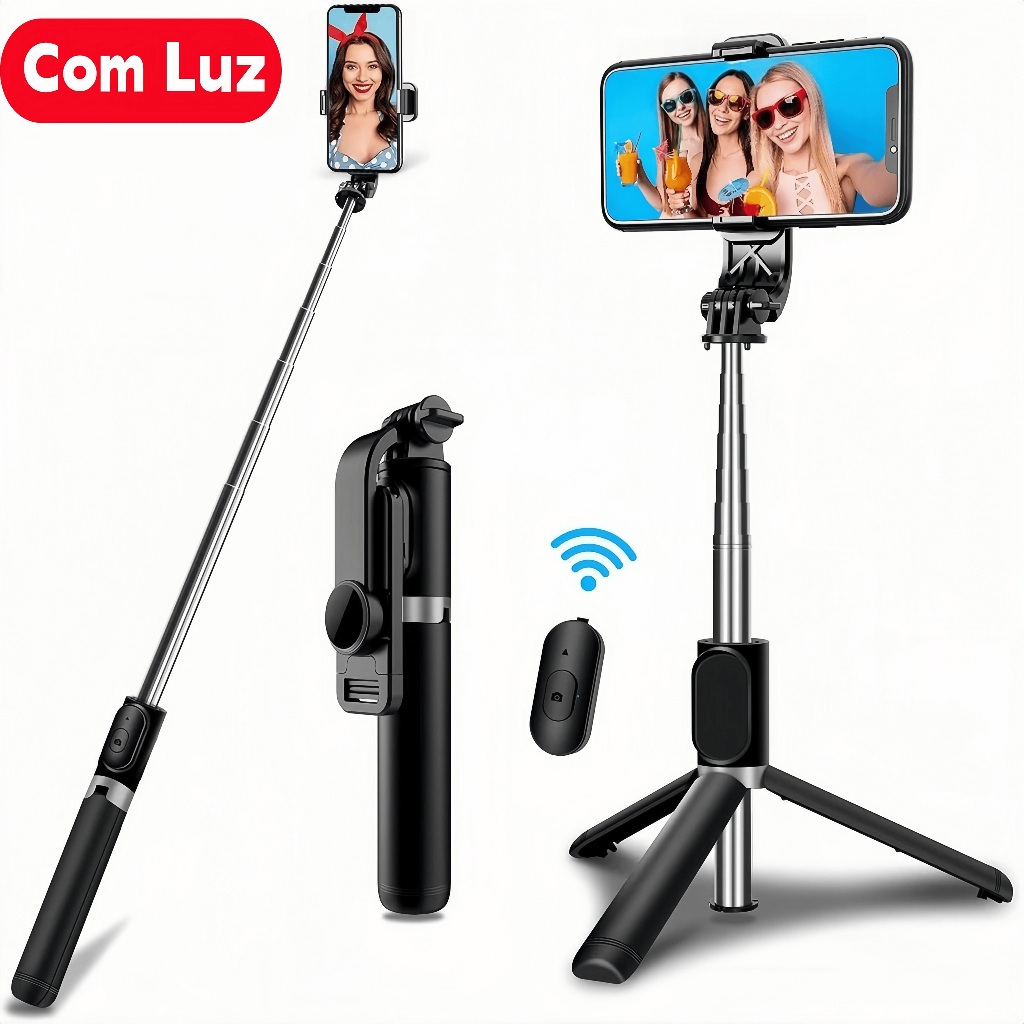 Bastão Pau de selfie Tripé Retrátil Com Luz LED Controle Bluetooth Celular