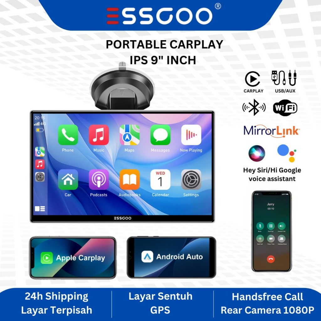ESSGOO Gravador De Condução De Carro De 9 Polegadas Sem Fio Carplay E Android-auto Mirrorl...