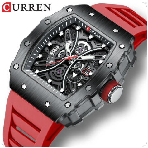 CURREN 8438 Relógio De Quartzo Masculino Em Formato De Tonneau , Design Exclusivo , Pulseira De Silicone Casual