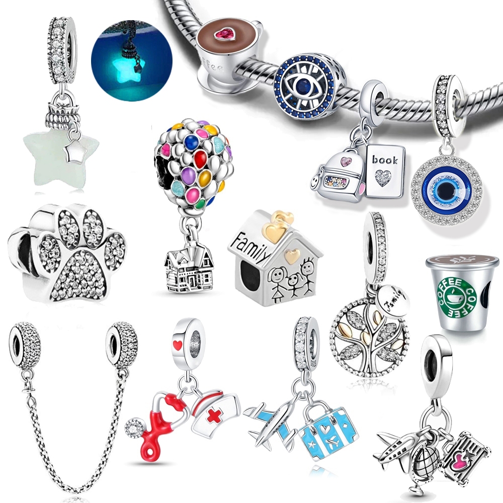 Berloque Prata 925 Jóias Cão Pendente Charme Balões Aviões Charms Café Clássico Pendente De Estrela