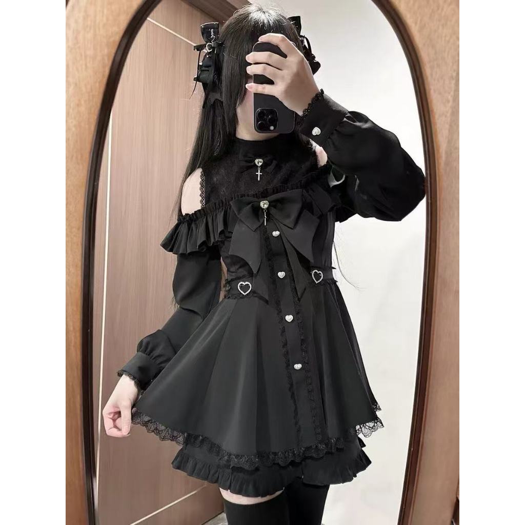 Japonês Doce Renda Borboleta Orvalho Ombro Camisa De Manga Longa Feminina Meia Saia Conjunto Preto De Duas Peças Estilo em Oferta na Shopee