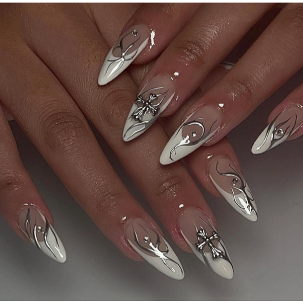 unhas postiças decoradas realista amendoada media Unhas Falsas Francesas apontado Com Cola nails Press on