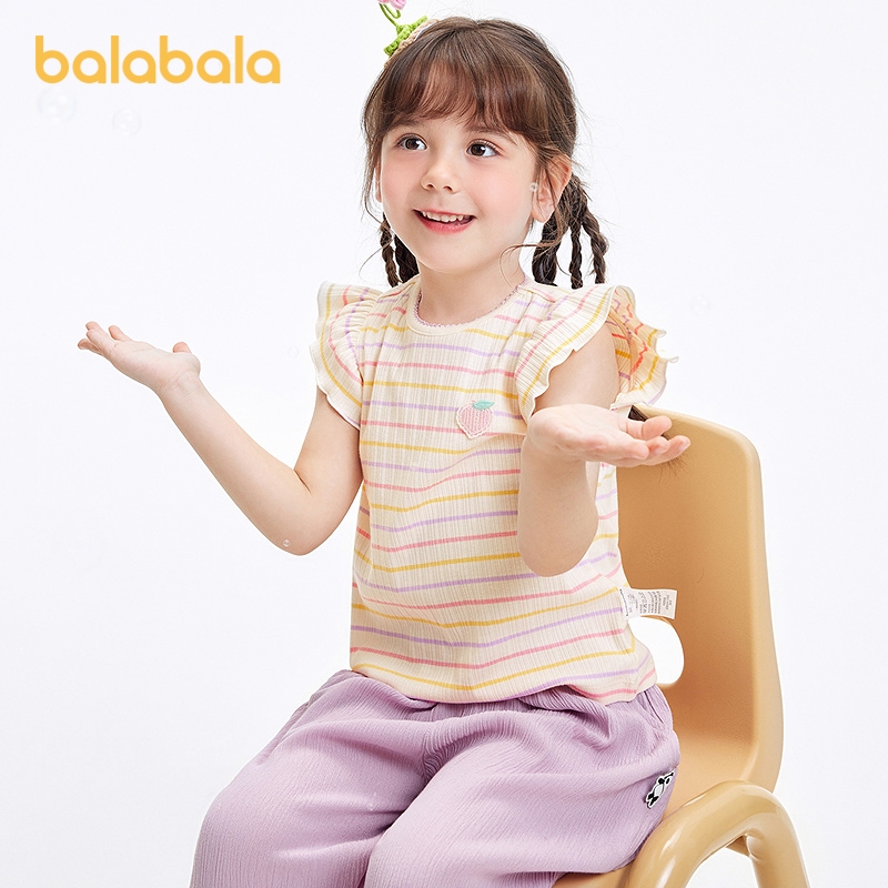 balabala Camiseta Infantil Menina Manga Curta Listrada com Babados Verão Confortável Respirável Moda Criança