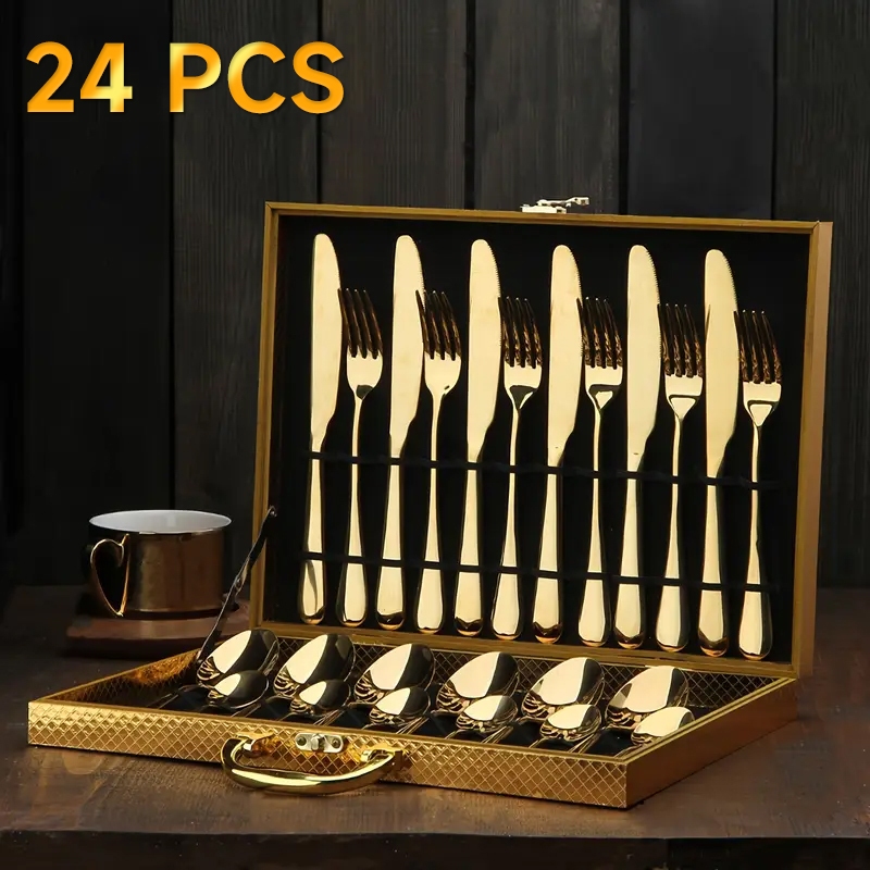 Kit Faqueiro Talheres Com Maleta 24 Peças Em Inox C/ Dourado