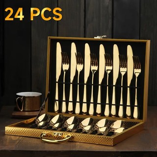 Kit Faqueiro Talheres Com Maleta 24 Peças Em Inox C/ Dourado