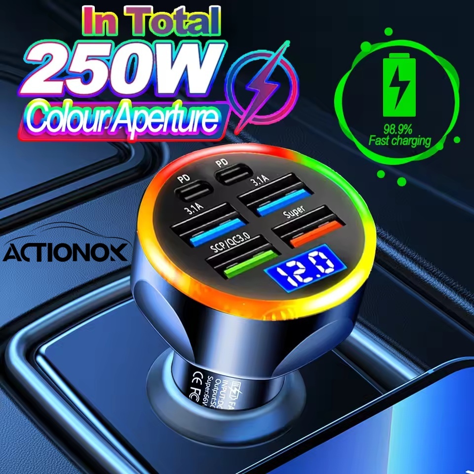 ACTIONOK 250W Carregador De Carro Adaptador De Isqueiro De Carga Rápida 2-6 Portas USB-C Telefone De Carregamento Rápido