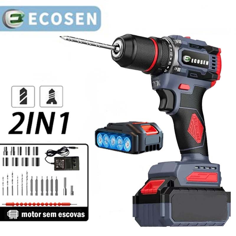 Parafuso broca 2pcs bateria 21v broca caixa 28pcs cor preto chave de fenda brushless em Oferta na Shopee