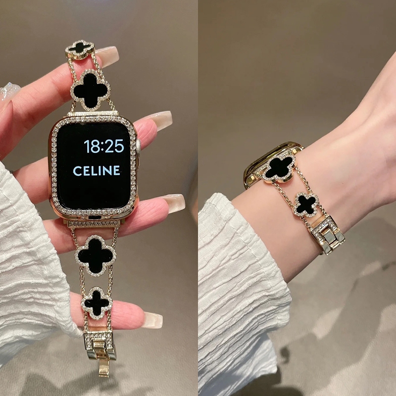 Pulseira De Trevo + Concha De Diamante Para Série 11 10 9 8 7 6 5 SE 4 3 2 1 Ultra Capa Oca iWatch 46mm 42mm 49mm 45mm 4