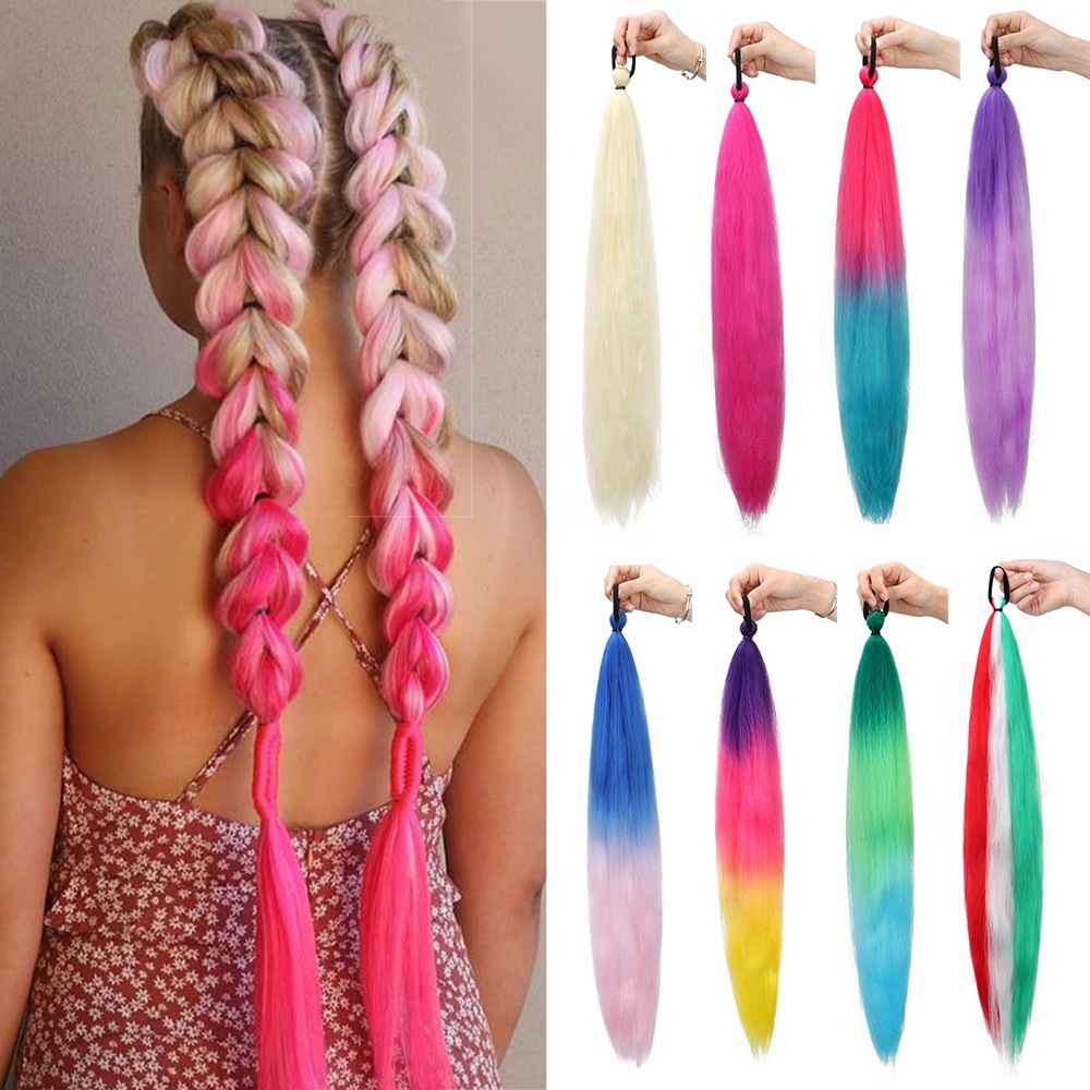 Sintético 24 Polegada Longo Reto Rabo De Cavalo Extensão Cabelo Rosa/Azul/Amarelo Gradiente Peruca Feminina Com Elástico em Oferta na Shopee
