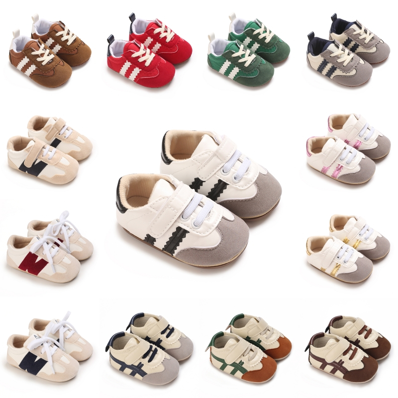 Bebê Infantil Meninos Meninas Mocassins Tênis Contraste Cor Listra Couro Do Plutônio Antiderrapante Sola Prewalker Prime