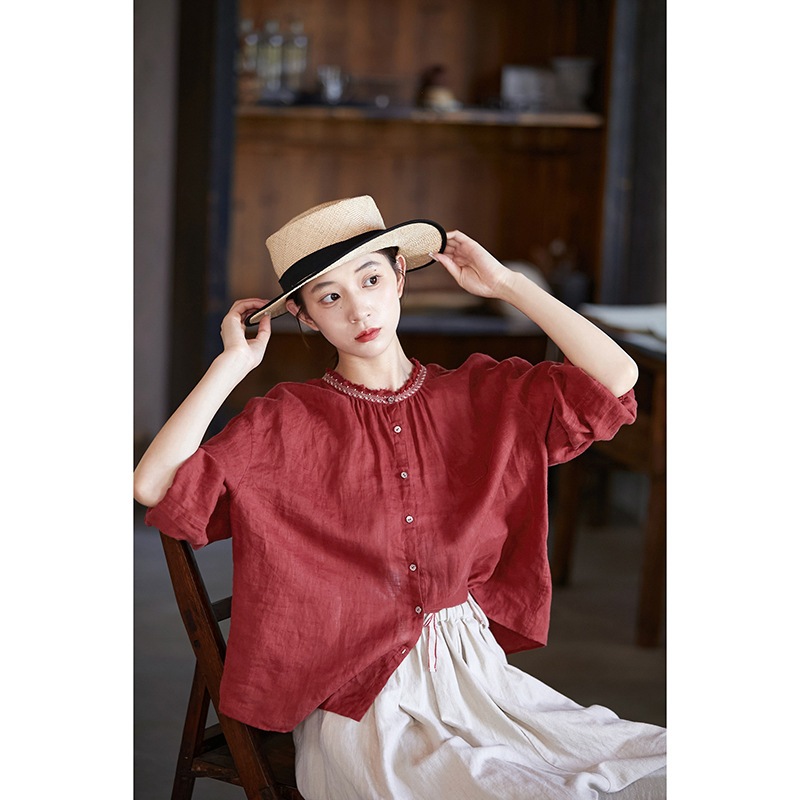 High-end Nova Primavera , Verão E Outono Roupas Femininas Literárias Zhuying Linho Vermelho Requintado Renda Pequena Gol