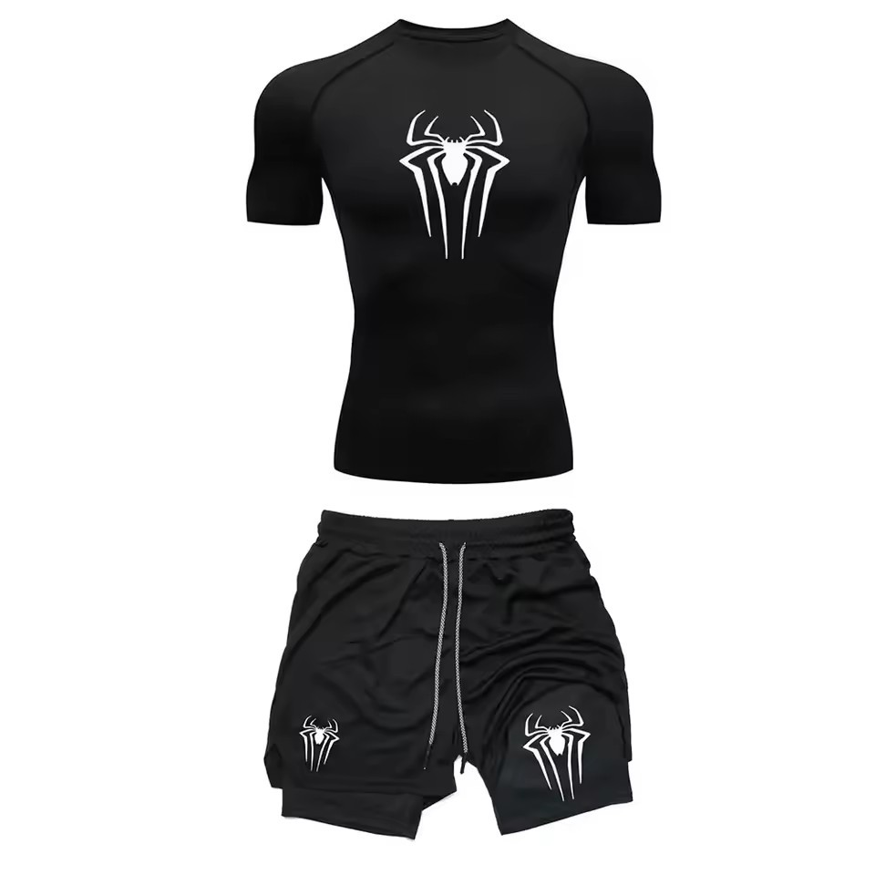 Terno de compressão esportivo masculino Y2K aranha impressão esportes camiseta respirável Shorts de corrida de secagem r