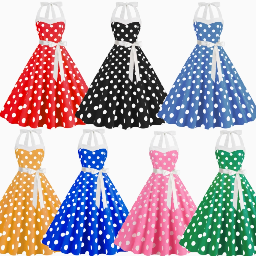 Mulheres Polka Dot Print Vestido De Verão Sexy Retro Branco Halter Vintage Robe Femme Pin Up Rockabilly Festa