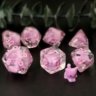 Conjunto de Dados de Resina Transparente - Design de Coração com Rosa e Gatinho, 7 Peças para Jogos de Tabuleiro e RPG