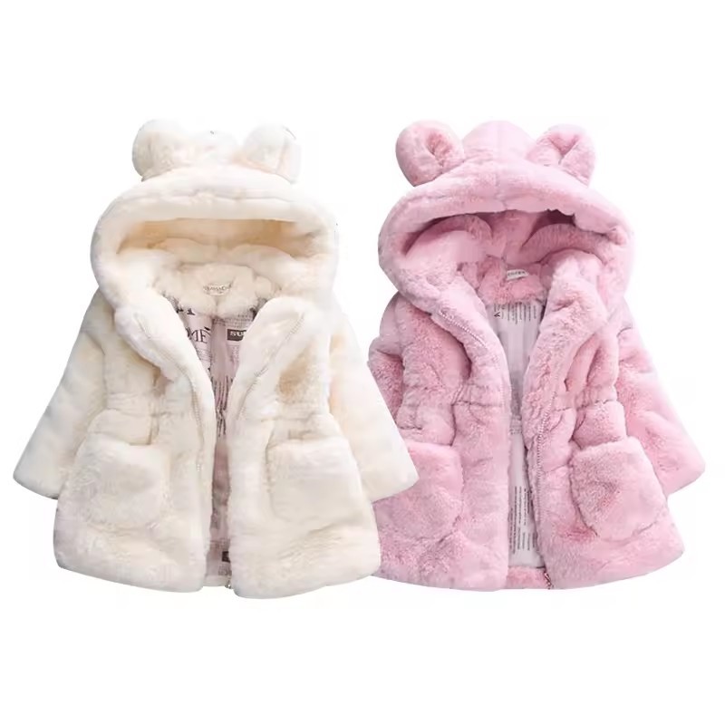 Meninas Casacos Quentes Inverno Crianças Grosso Quente Pele Do Falso Com Capuz Jaqueta Mais Veludo Outerwear