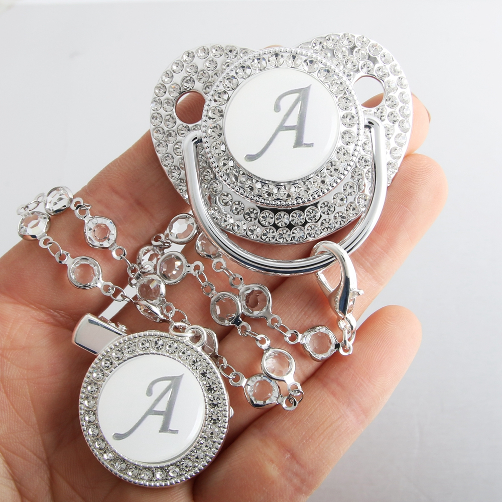 Chupeta De Bebê Prateada Com 26 Letras Iniciais E Clipe De Corrente De Diamante