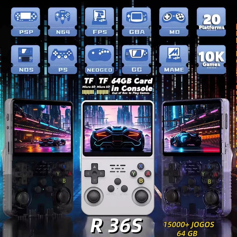 15.000 Console portátil videogame R36S 64gLinux tela IPS 3.5 polegadas preparar para enviar