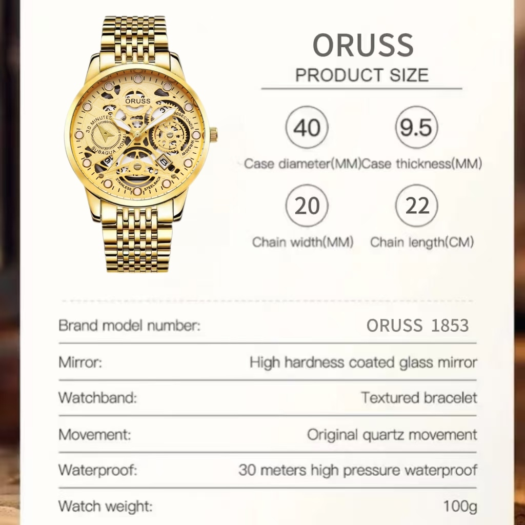ORUSS Original masculino luminoso aço inoxidável calendário de luxo ouro à prova dwaterproof água relógio moda negócios · foto 2