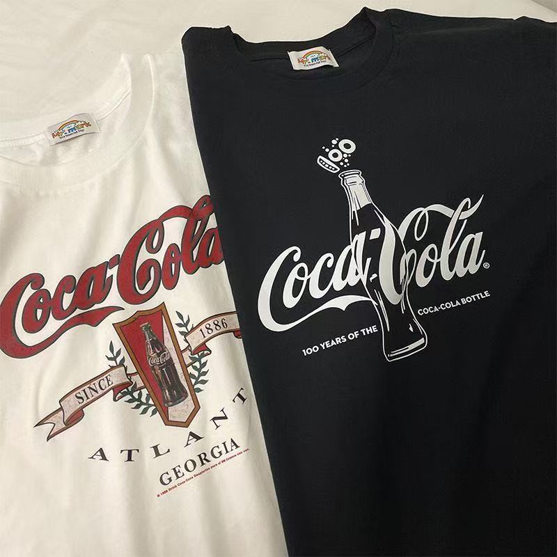 Camiseta de alta qualidade 100% algodão, padrão estampado Coca-Cola, camiseta solta estilo...