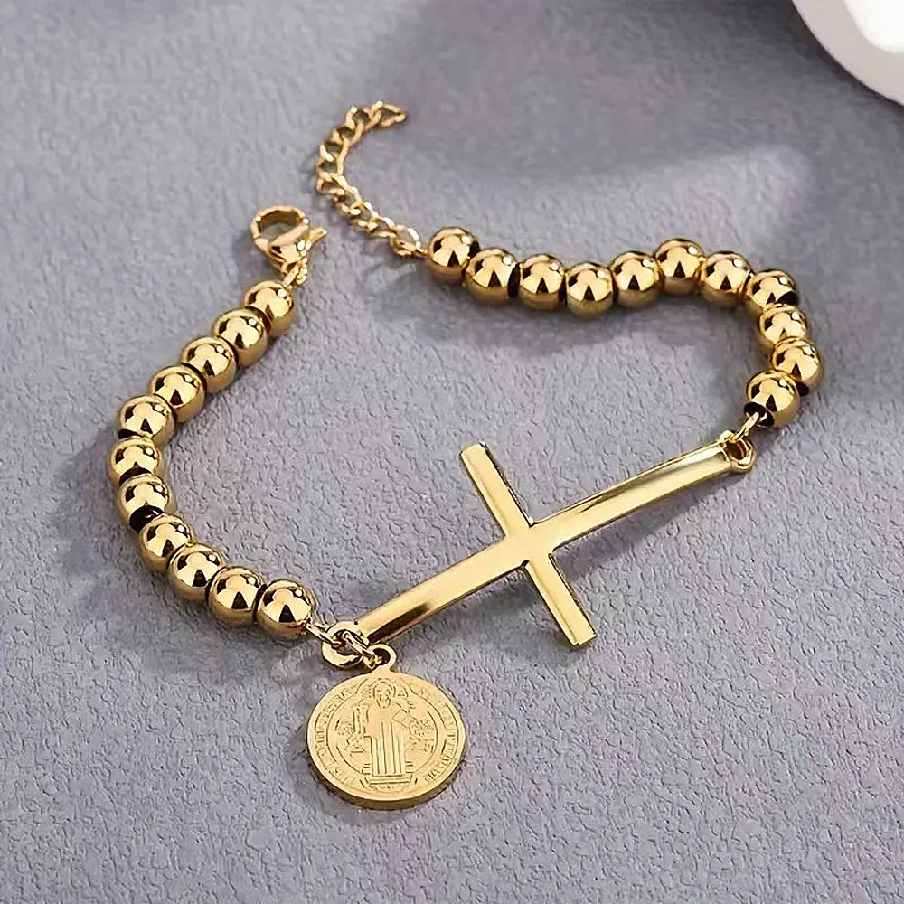 6mm Aço Inoxidável Rosário Católico Grânulo Cruz Pulseira São Bento Virgem Maria Charme Masculino Feminino Jóias Religio