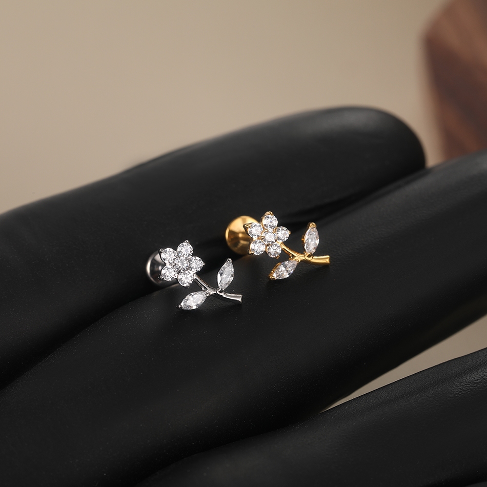 SWANJO Helix Piercing Titânio Flor Zircão Brinco Flat Back Cartilagem Tragus Joias