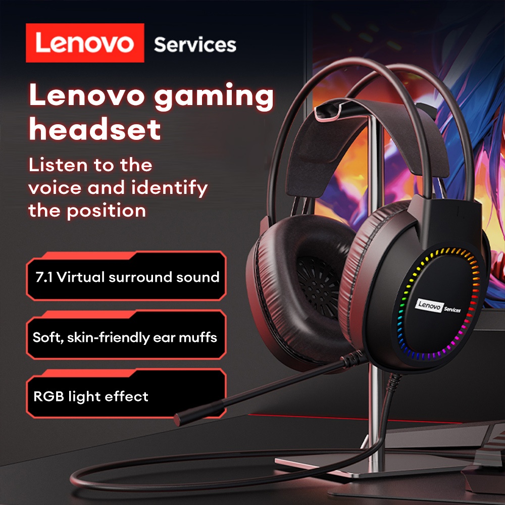 Fones De Ouvido Lenovo E03 7.1 Surround Sound Para Jogos Com Fio E Microfone RGB Luz Ambiente