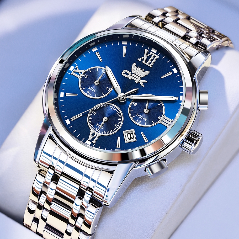 OLEVS Relógio Masculino 6047 à Prova D'Água Cronógrafo Multifuncional Calendário Azul  Luxo Orient Original - Watches