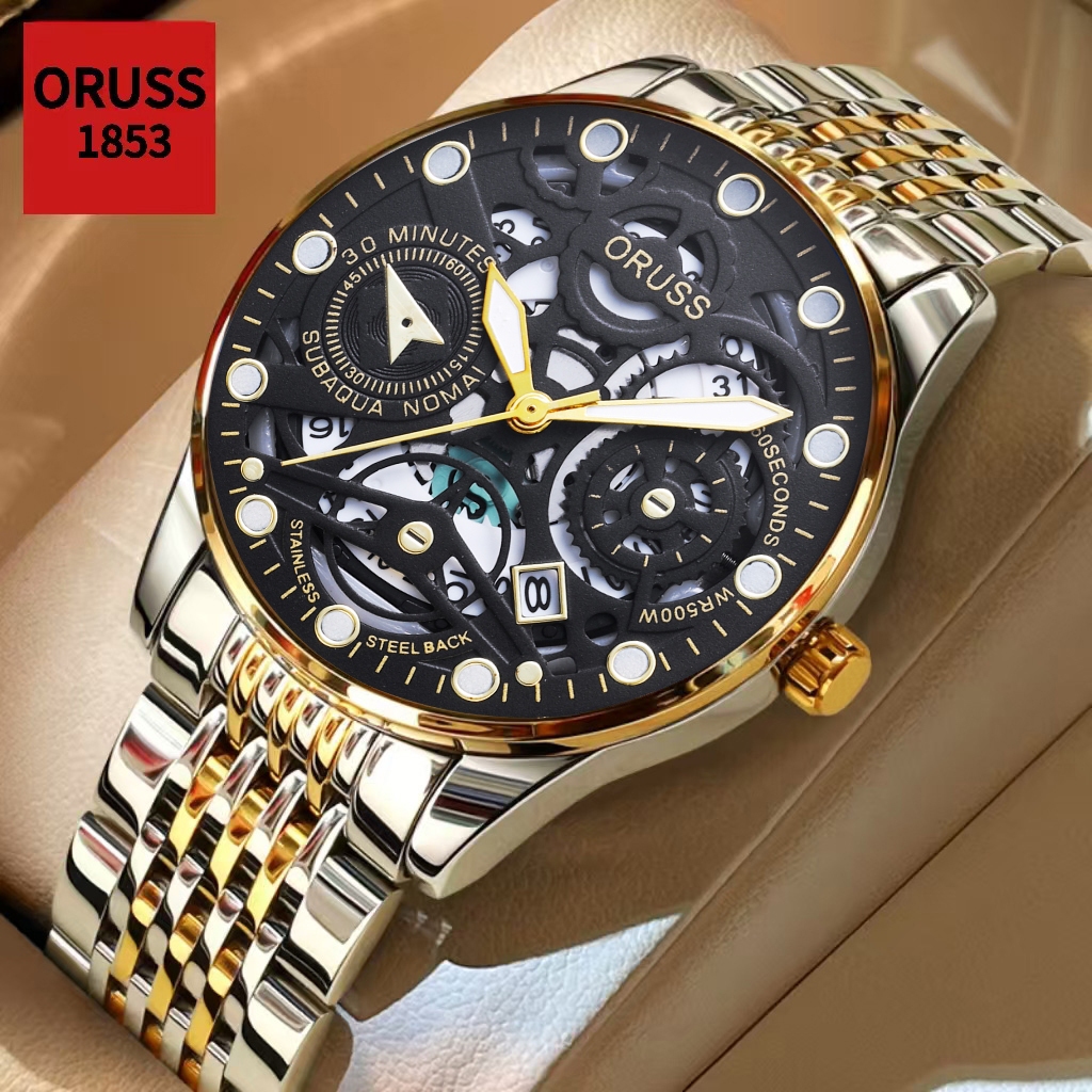 ORUSS Original masculino calendário luminoso de aço inoxidável luxo ouro/prata à