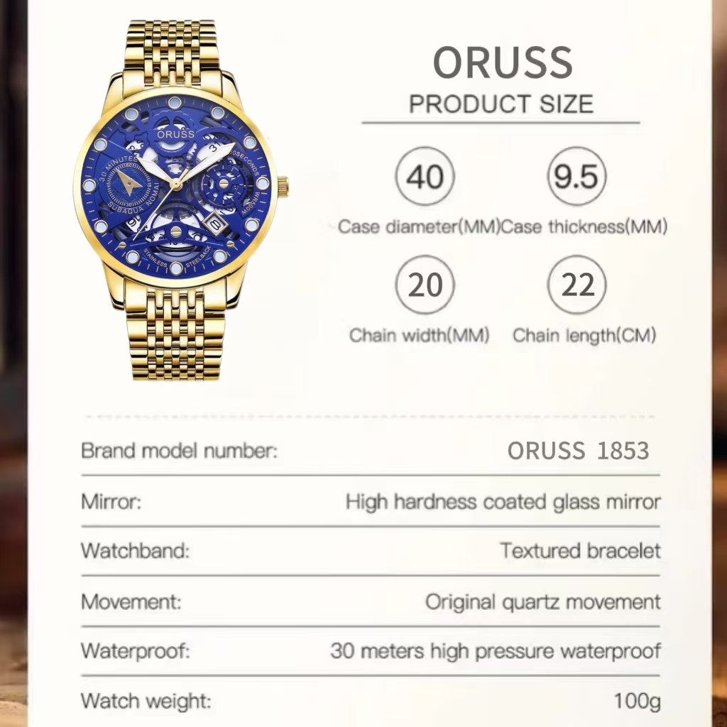 ORUSS Original calendário luminoso masculino aço inoxidável luxo moda à prova dwaterproof água relógio de ouro negócios — imagem 2 de 2