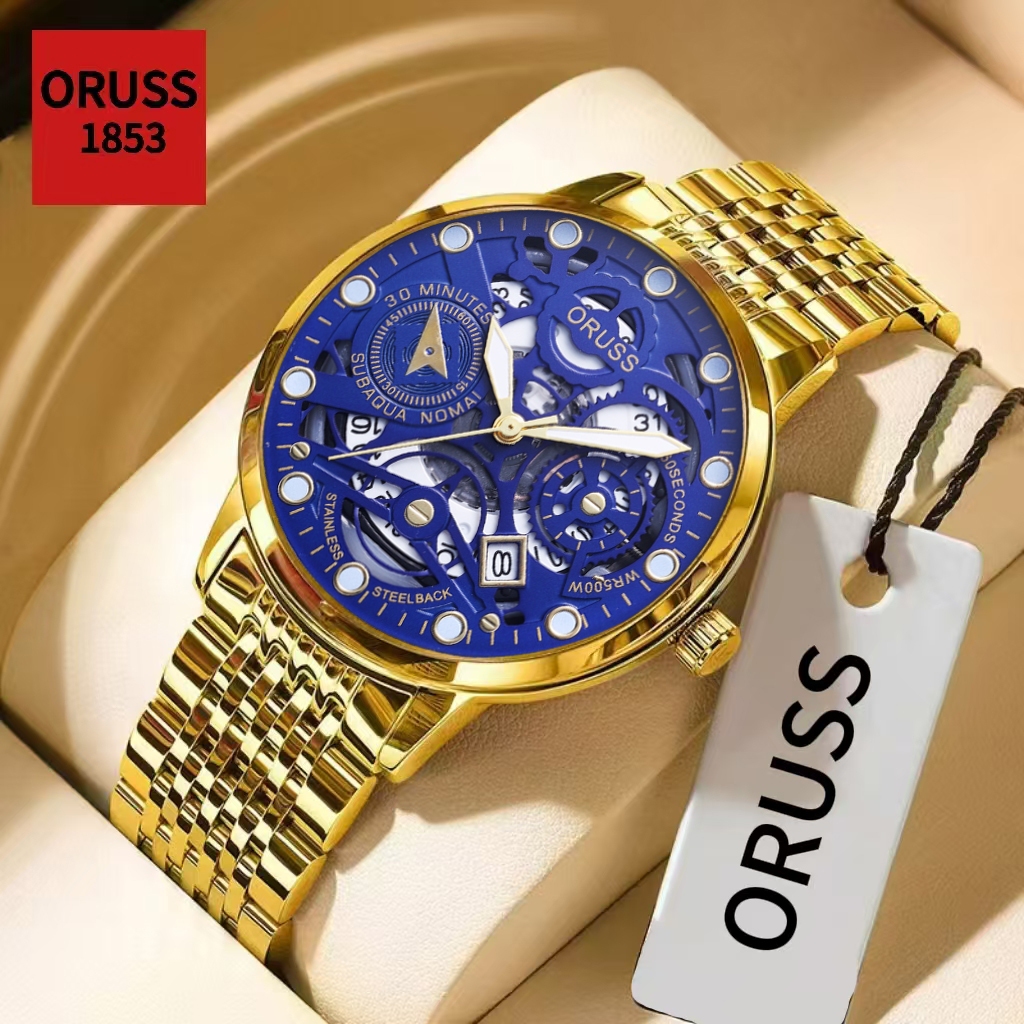 ORUSS Original calendário luminoso masculino aço inoxidável luxo moda à prova dw