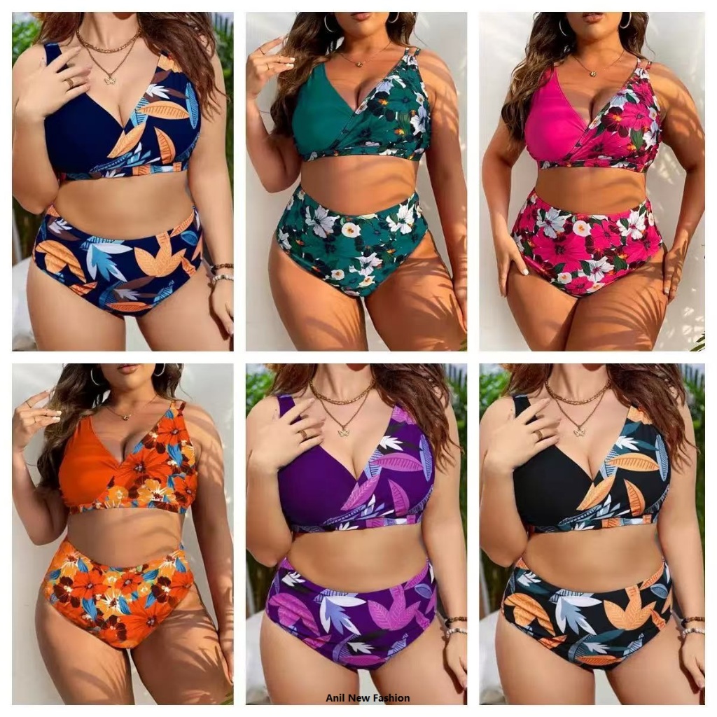 [Anil] Biquíni Conjunto de Duas Peças feminino Plus Size Maiô Cintura Alta Impressão Maio Praia Moda Swimwear