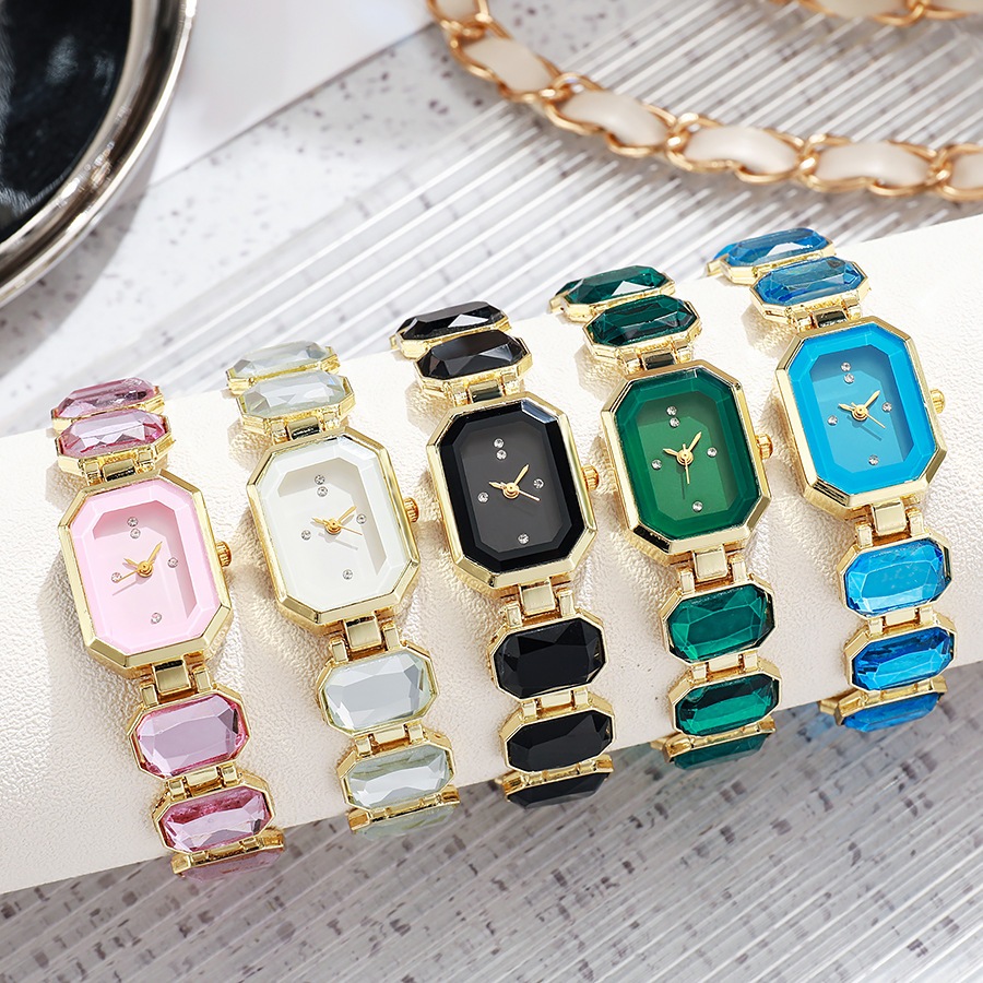 Relógio Feminino Grande Pedra Preciosa Colorida Esmeralda Luz Luxo Moda Pulseira Quadrado