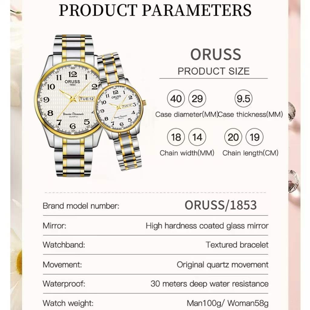 ORUSS Original 2 Pcs Casal Calendário Duplo Aço Inoxidável Luxo Luminoso Moda Relógio À Prova D 'Água Prata/Ouro Versão · foto 2