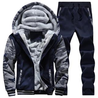 Jaqueta Masculina + Calça Esportiva De Lã Grossa Com Capuz Roupas Casuais Terno De Trilha Pele Quente Dentro Do Moletom