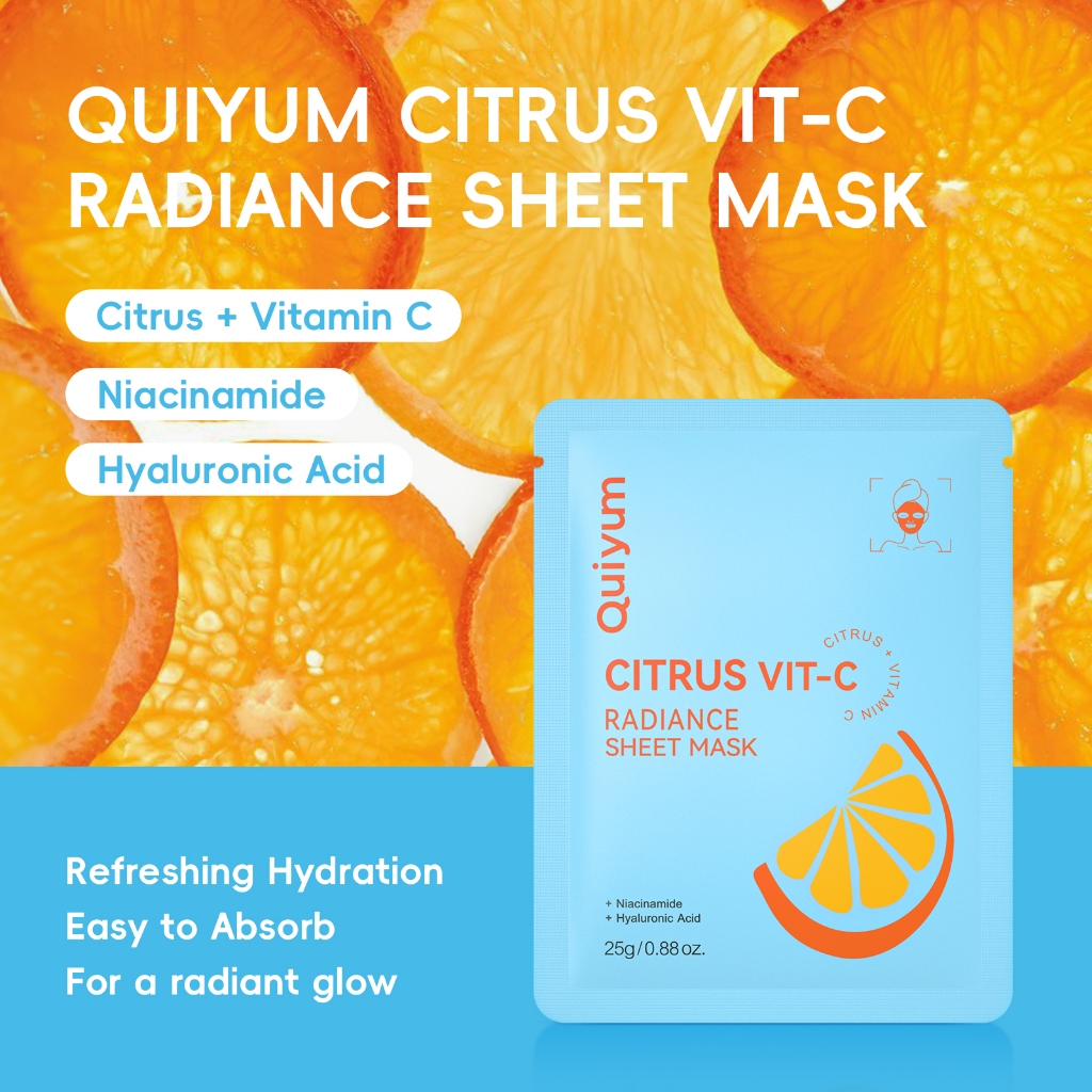 QUIYUM Citrus Vit-C Radiance Sheet Mask Renew O Tom Da Pele Hidratante Melhora Brilho 25g