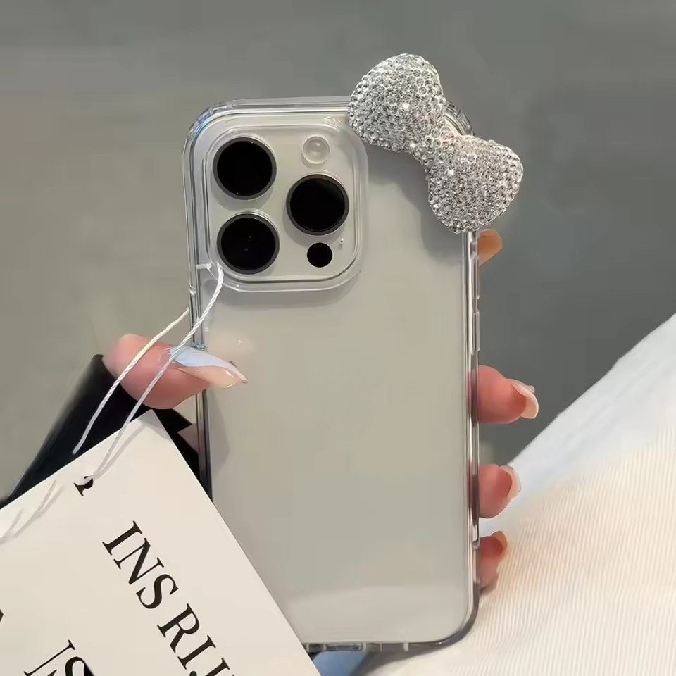 Luxo 3D Bowknot Diamand Caso Claro Para iPhone 16 15 13 12 14 11 Pro Max Plus Mini X XR Bonito Capa Macia Presente Da Me em Oferta na Shopee