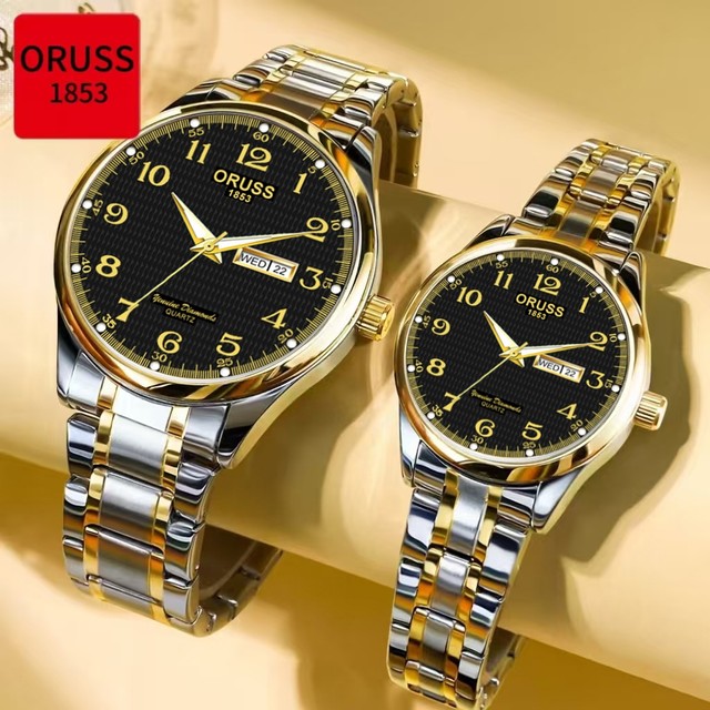 ORUSS Original 2 Pcs Casal Calendário Duplo Aço Inoxidável Luxo Luminoso À Prova D 'Água Moda Relógio Versão Coreana Rel