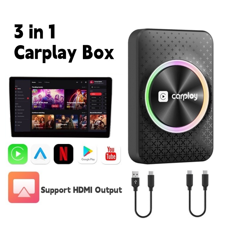 CF1201 3 Em 1 Carplay Magic Box Com Youtube Netflix Suporte Para Saída HDMI APP Download Fio Adaptador Sem