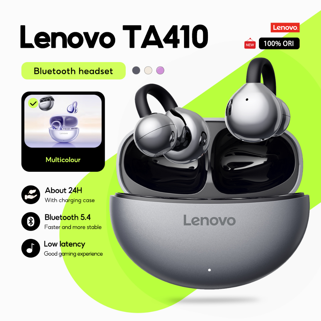 Lenovo Fones De Ouvido TA410 Bluetooth Sem Fio TWS Tipo Clipe Fone 5.4 Controle Toque Long...