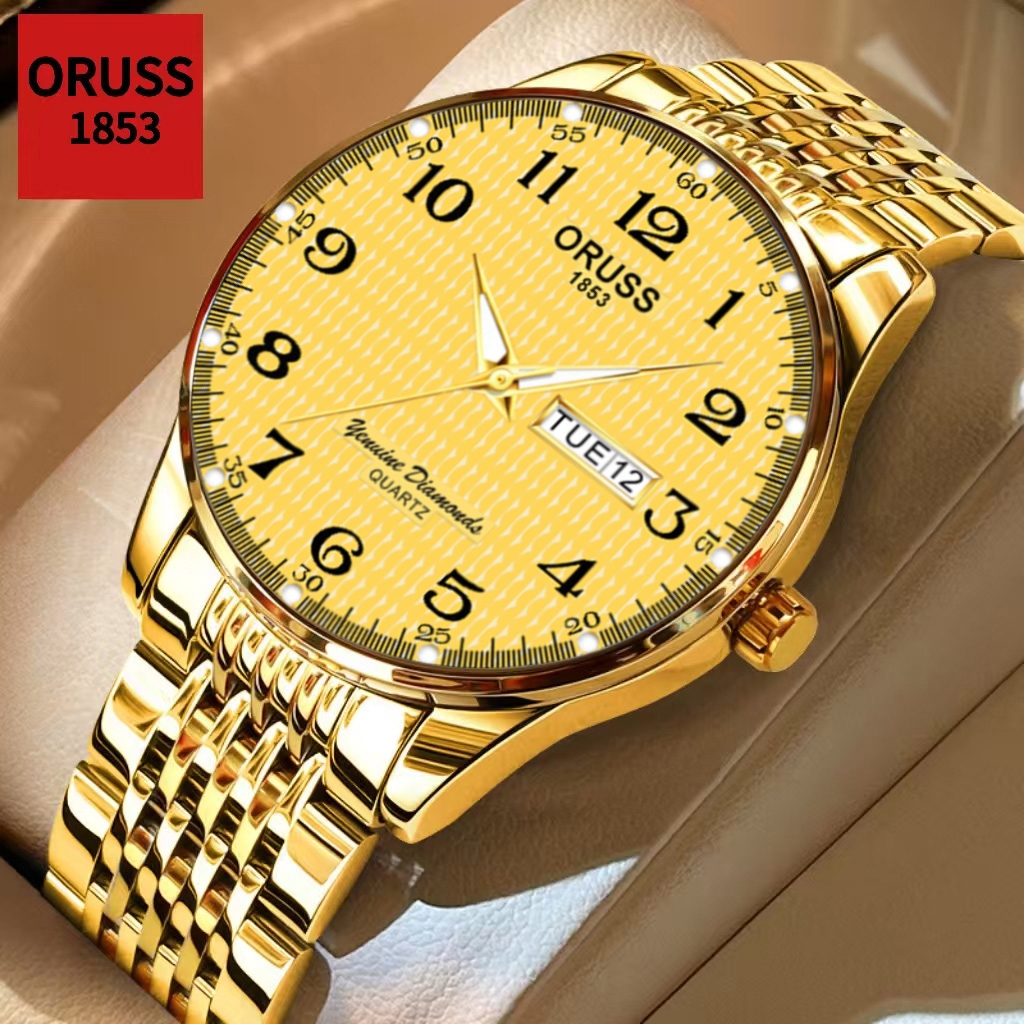 ORUSS Original masculino aço inoxidável ouro luxo duplo calendário luminoso à pr