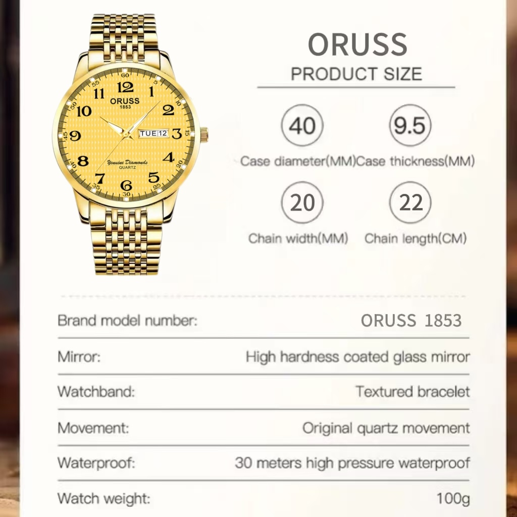 ORUSS Original masculino aço inoxidável ouro luxo duplo calendário luminoso à prova dwaterproof água moda relógio de neg · foto 2