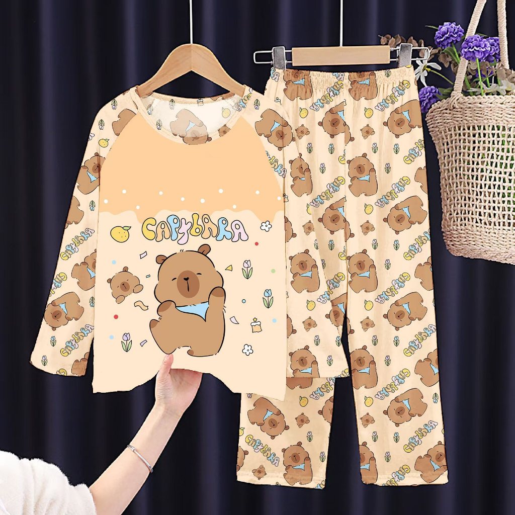 Crianças Pijamas Capivara Impressão Dos Desenhos Animados Criança Primavera Outono Calças De Manga Longa Conjunto Adoles em Oferta na Shopee