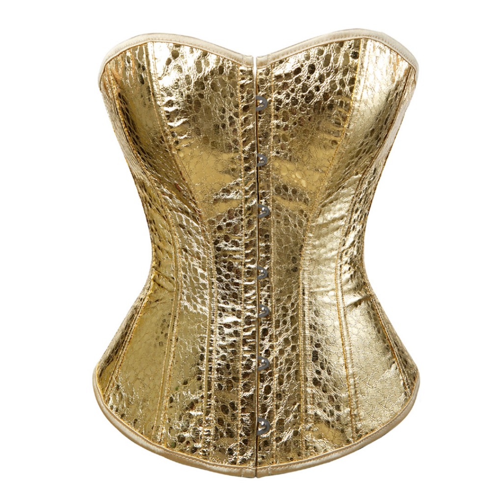 Feminino Prata Ouro Estilo Vintage Overbust Espartilho Couro Gótico Steampunk Zip Bustier Corselet Topo