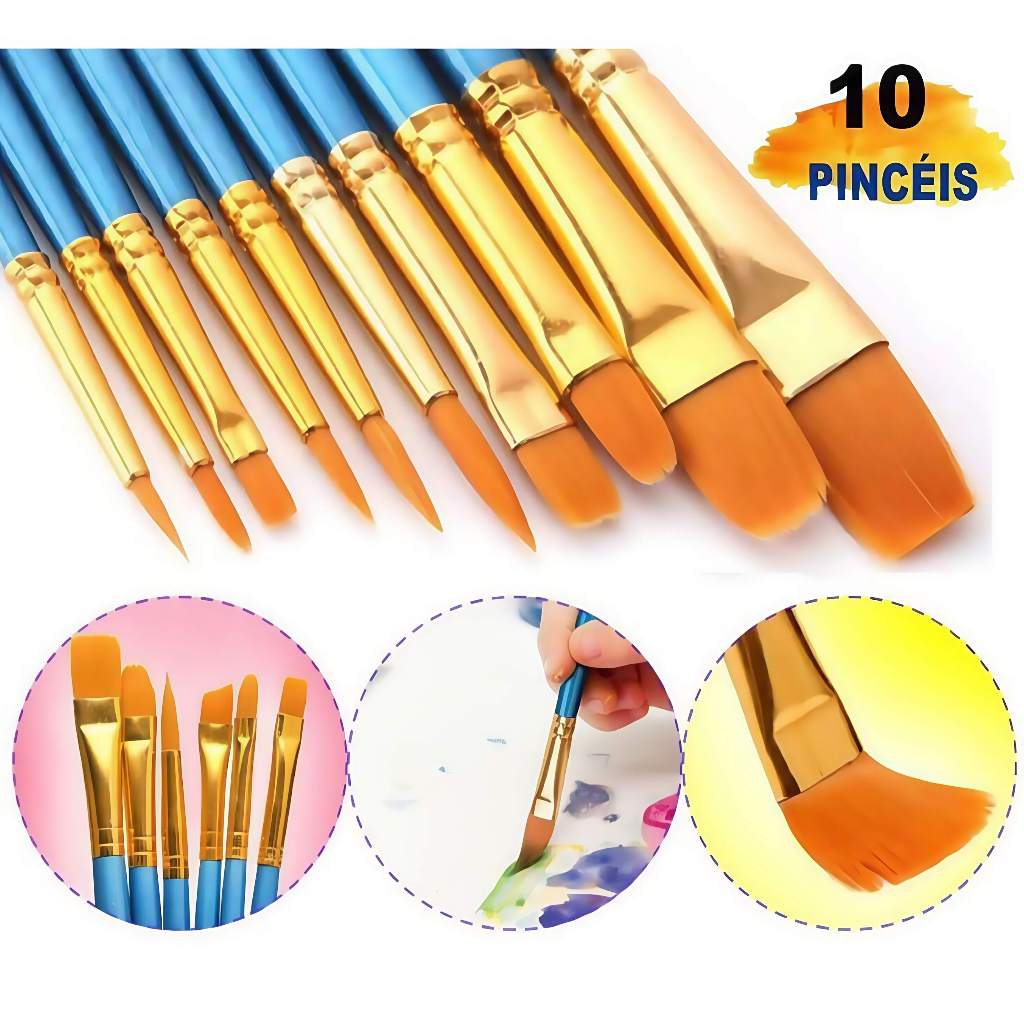 Kit com 10 Pincéis artísticos para pintura cerdas macias - Aquarela, Guache, Óleo, Acrílica