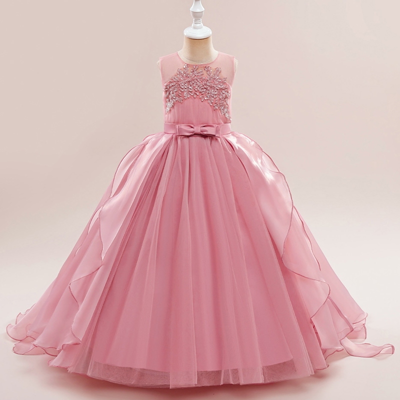 Longo Trailing Festa Meninas Vestido Crianças Traje Contas Vestidos De Princesa Sem Mangas De Casamento ALP-0010