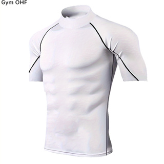 2025 Verão Cor Sólida Manga Curta Camiseta Moda Camisa De Fundo Masculina Apertada Gola Alta T em Oferta na Shopee