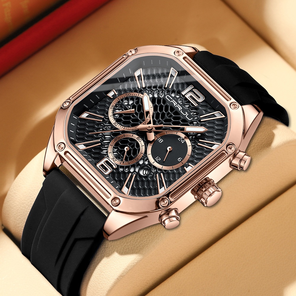 CRRJU Relógio Masculino Original Top Marca De Luxo Cronógrafo Quadrado Retro Dial Pulseira De Silicone Moda Casual Negóc
